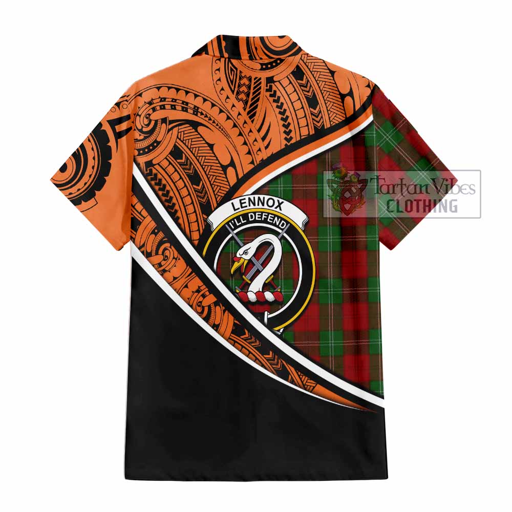 Tartan Vibes Clothing Lennox Crest Tartan Short Sleeve Button Shirt with Maori Tattoo Style - Orange Version