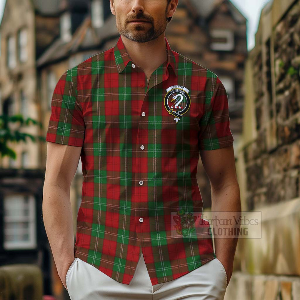 Tartan Vibes Clothing Lennox Tartan Short Sleeve Button Shirt with Family Crest and Bearded Skull Holding Bottles of Whiskey