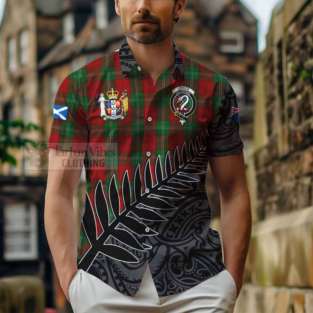 Tartan Vibes Clothing Lennox Crest Tartan Short Sleeve Button Shirt with New Zealand Silver Fern Half Style