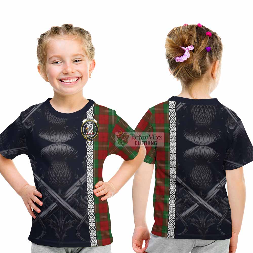 Tartan Vibes Clothing Lennox Tartan Kid T-Shirt with Family Crest Cross Sword Thistle Celtic Vibes