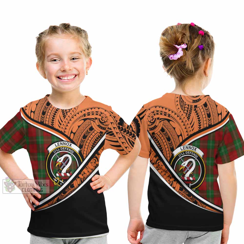 Tartan Vibes Clothing Lennox Crest Tartan Kid T-Shirt with Maori Tattoo Style - Orange Version