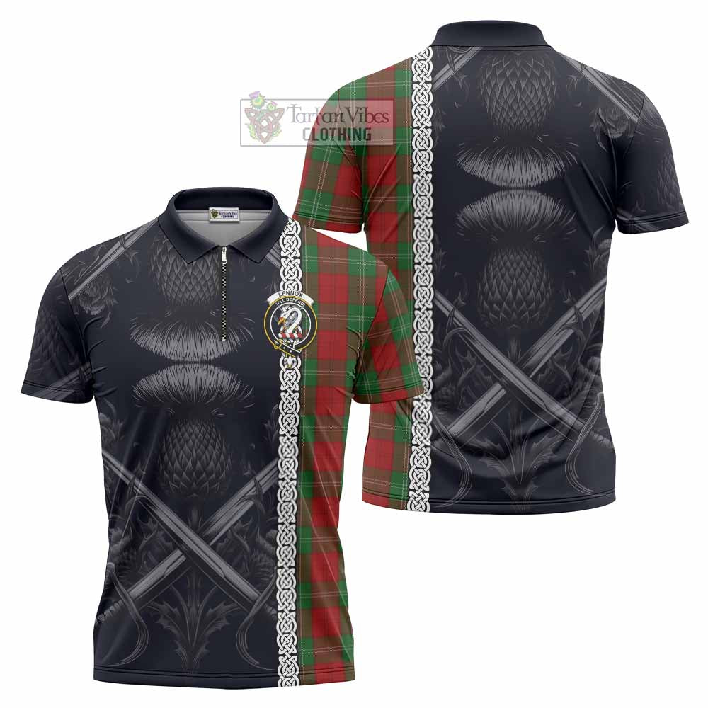 Tartan Vibes Clothing Lennox Tartan Zipper Polo Shirt with Family Crest Cross Sword Thistle Celtic Vibes