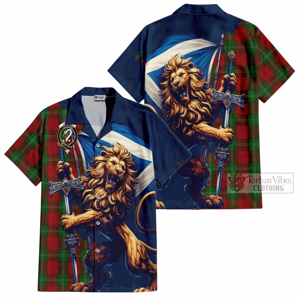 Tartan Vibes Clothing Lennox Tartan Family Crest Short Sleeve Button Shirt with Scottish Majestic Lion