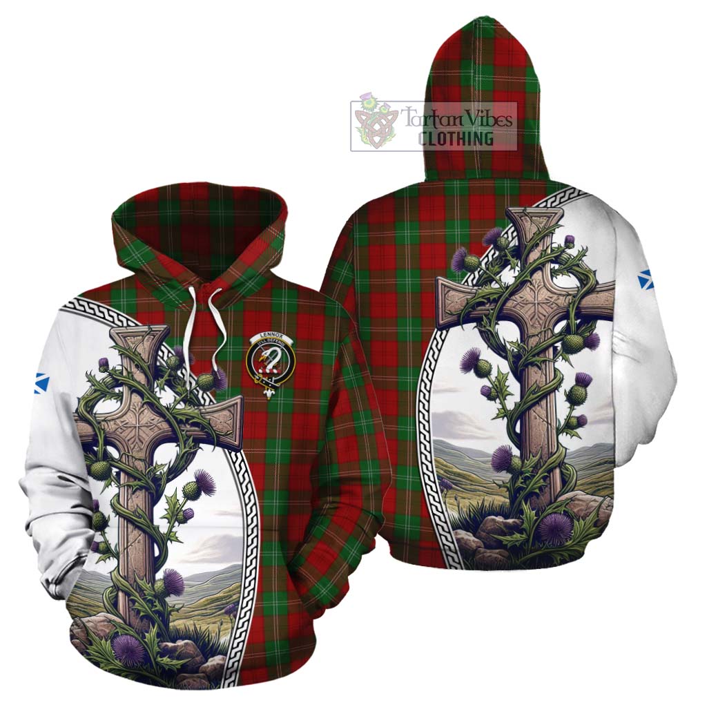 Tartan Vibes Clothing Lennox Tartan Cotton Hoodie with Family Crest and St. Andrew's Cross Accented by Thistle Vines