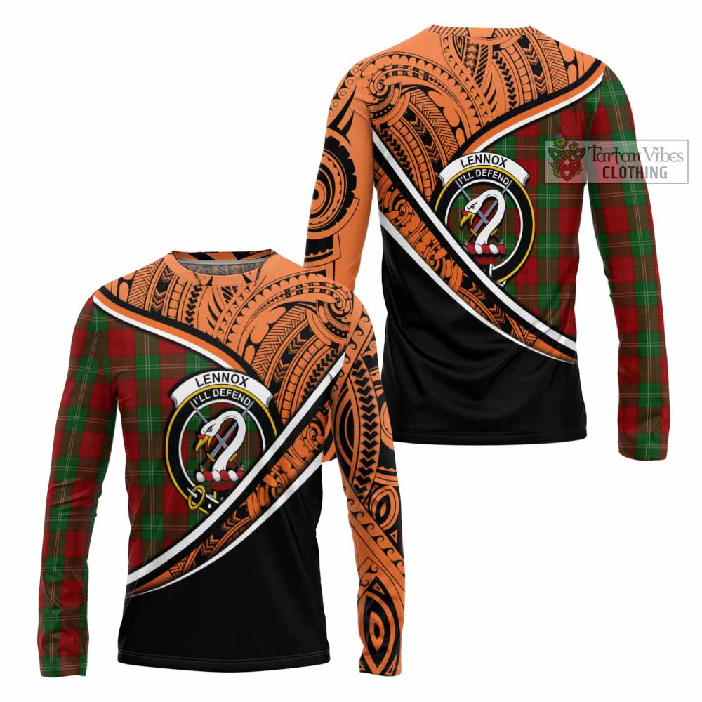 Tartan Vibes Clothing Lennox Crest Tartan Long Sleeve T-Shirt with Maori Tattoo Style - Orange Version