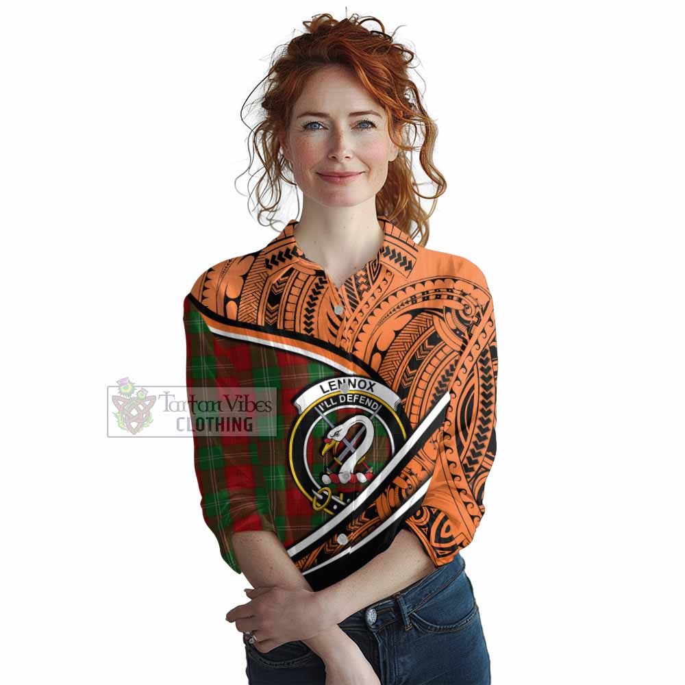 Tartan Vibes Clothing Lennox Crest Tartan Women's Casual Shirt with Maori Tattoo Style - Orange Version