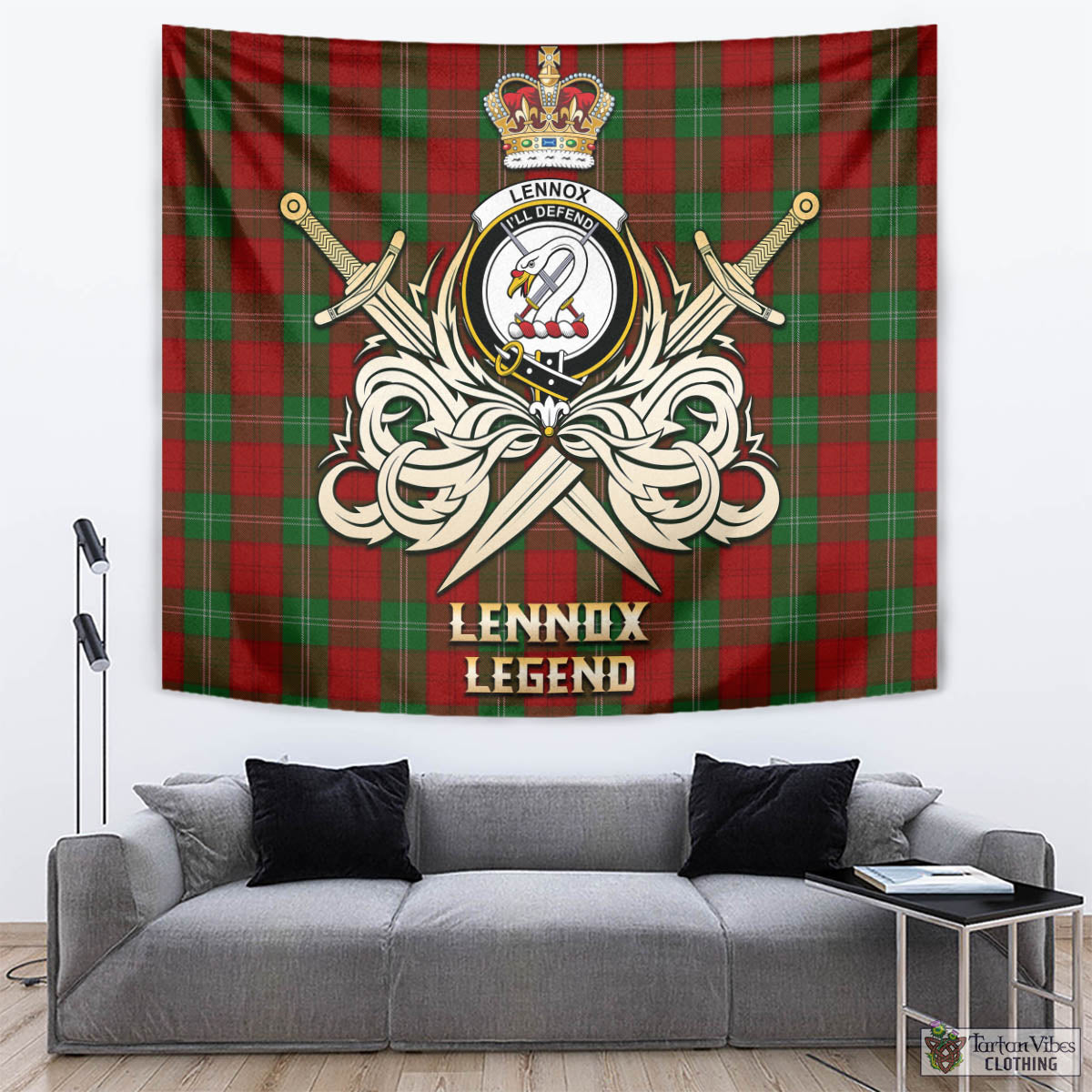 Tartan Vibes Clothing Lennox Tartan Tapestry with Clan Crest and the Golden Sword of Courageous Legacy