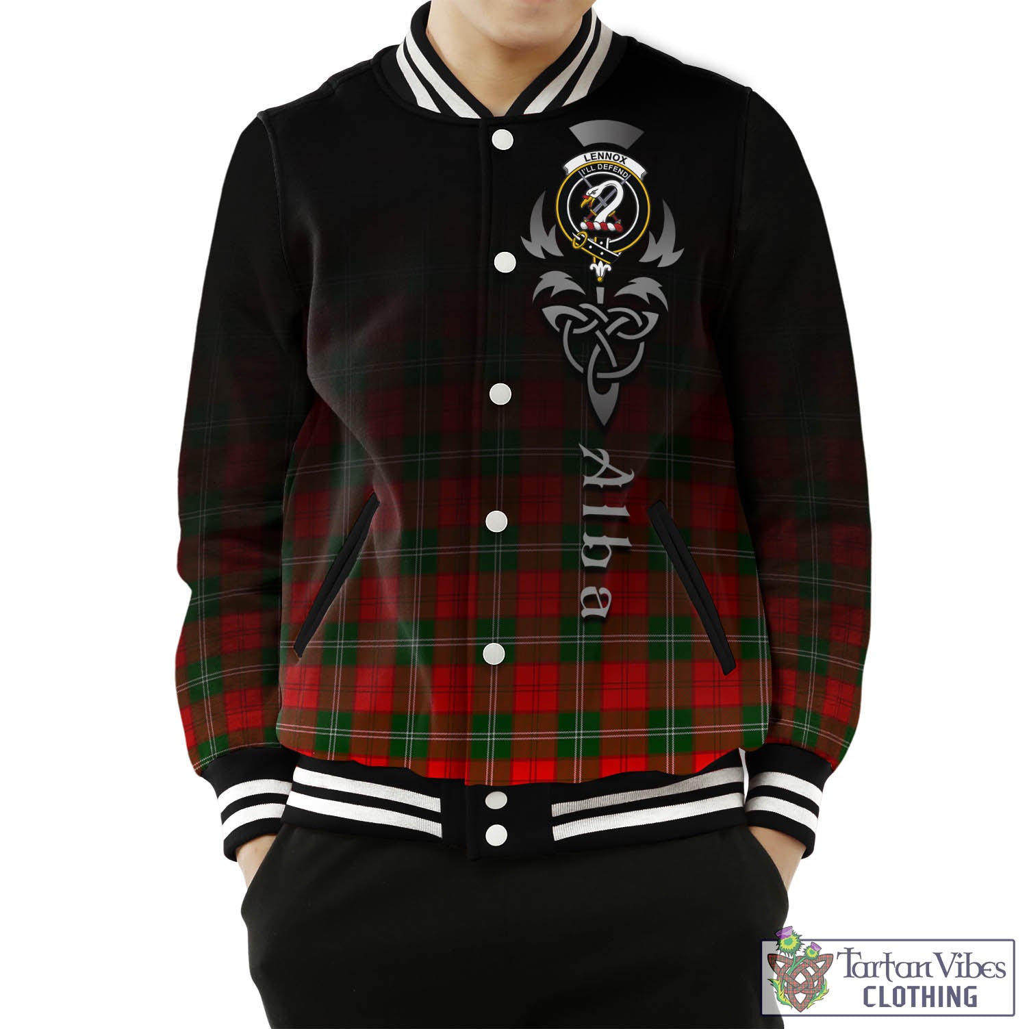 Tartan Vibes Clothing Lennox Modern Tartan Baseball Jacket Featuring Alba Gu Brath Family Crest Celtic Inspired