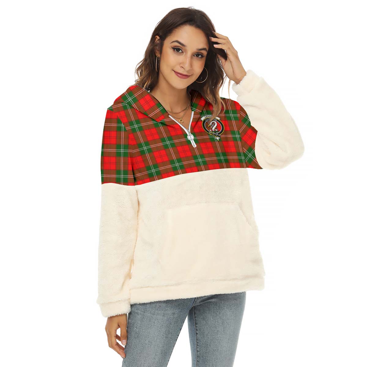 Lennox Modern Tartan Women's Borg Fleece Hoodie With Half Zip with Family Crest Female - Tartan Vibes Clothing