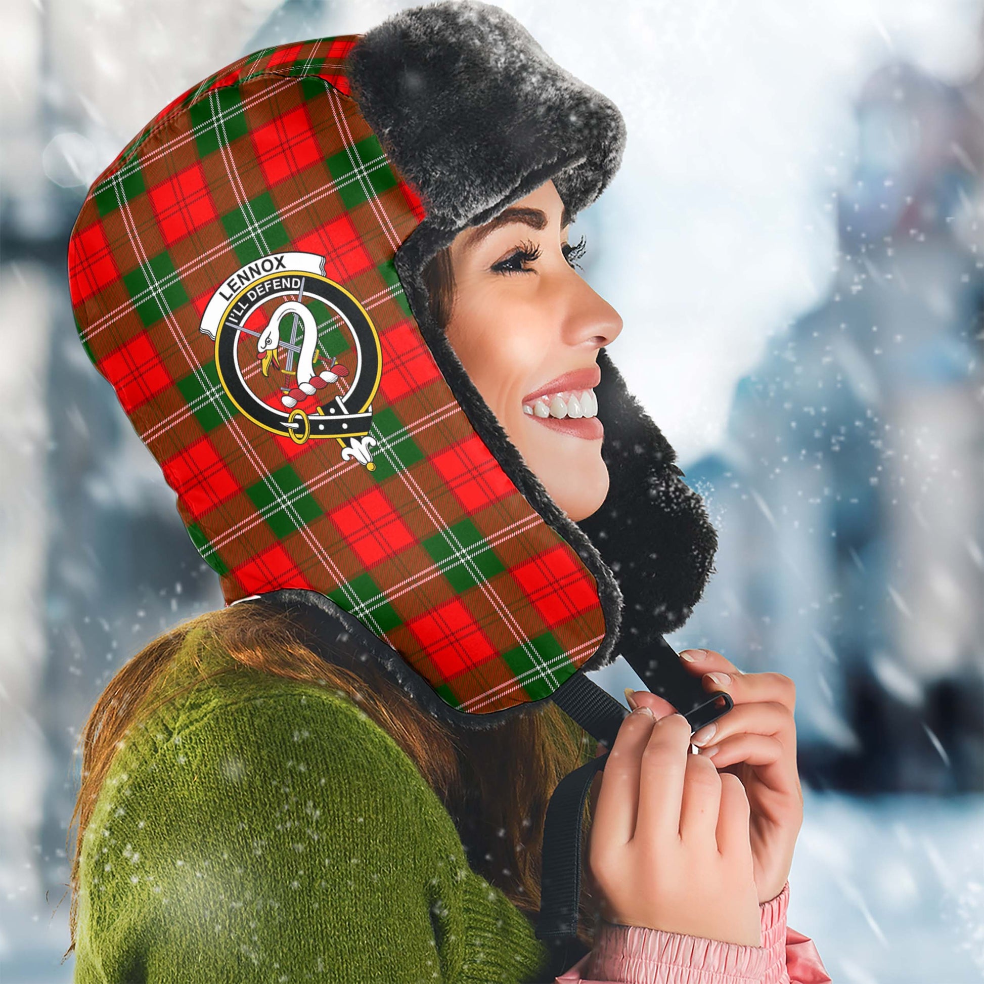 Lennox Modern Tartan Winter Trapper Hat with Family Crest Winter Trapper Hat Universal Fit Circumference 22.8in (58cm) - Tartanvibesclothing