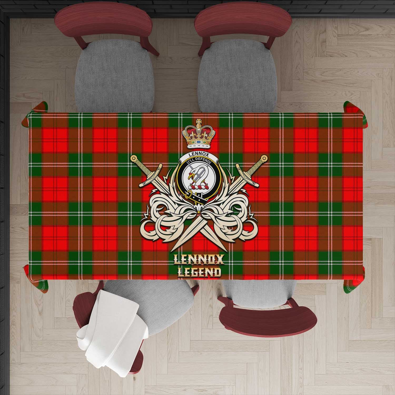 Tartan Vibes Clothing Lennox Modern Tartan Tablecloth with Clan Crest and the Golden Sword of Courageous Legacy