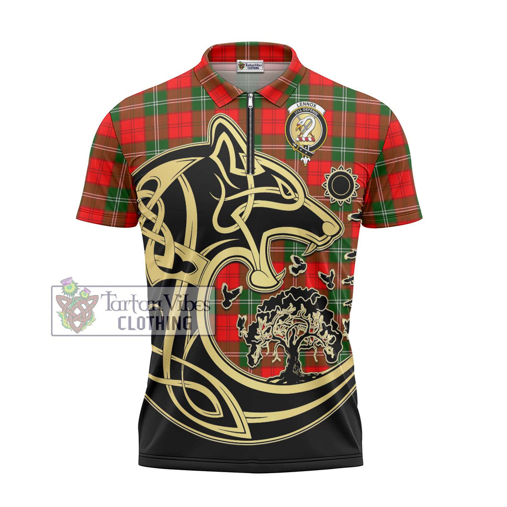 Lennox Modern Tartan Zipper Polo Shirt with Family Crest Celtic Wolf Style - Tartanvibesclothing Shop