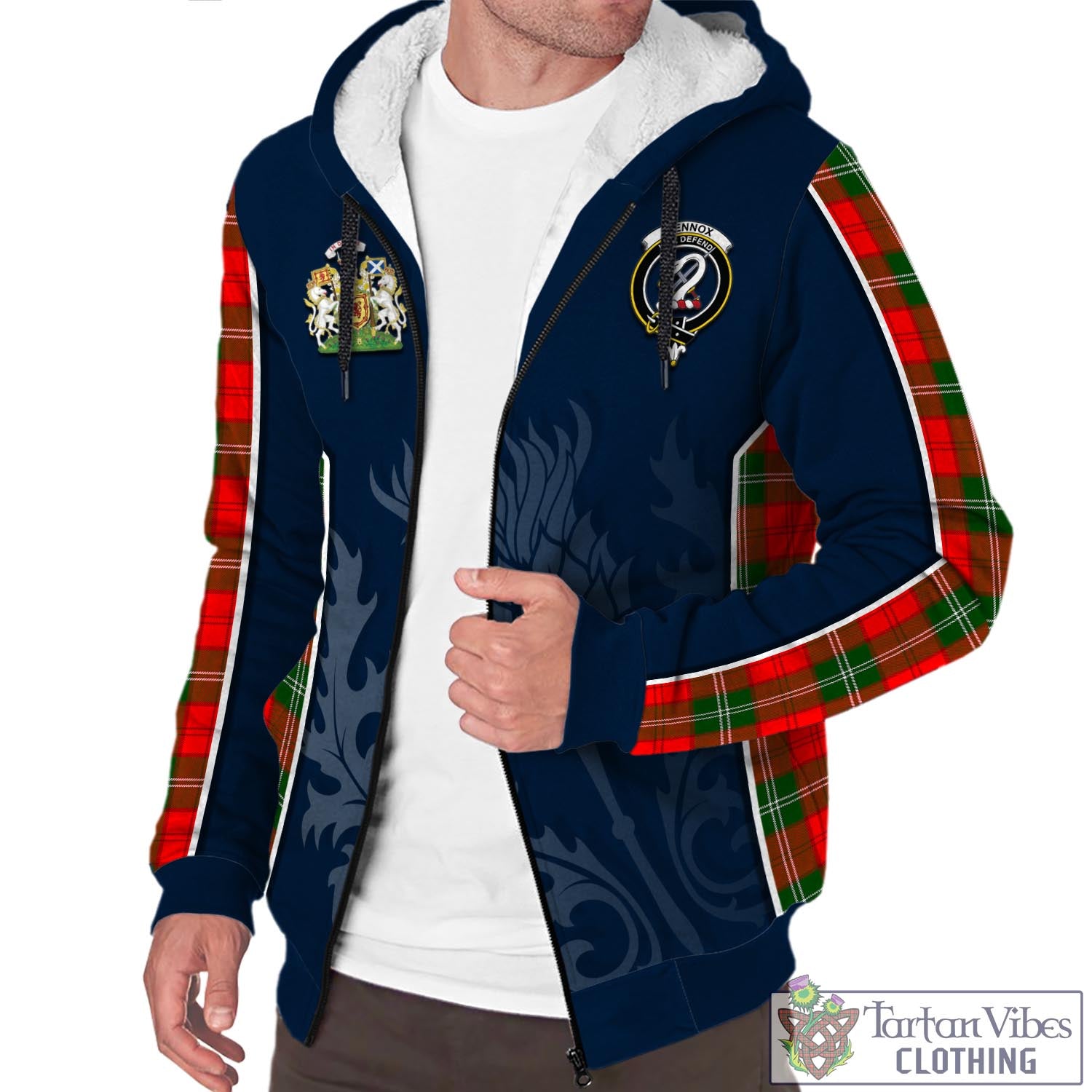 Tartan Vibes Clothing Lennox Modern Tartan Sherpa Hoodie with Family Crest and Scottish Thistle Vibes Sport Style