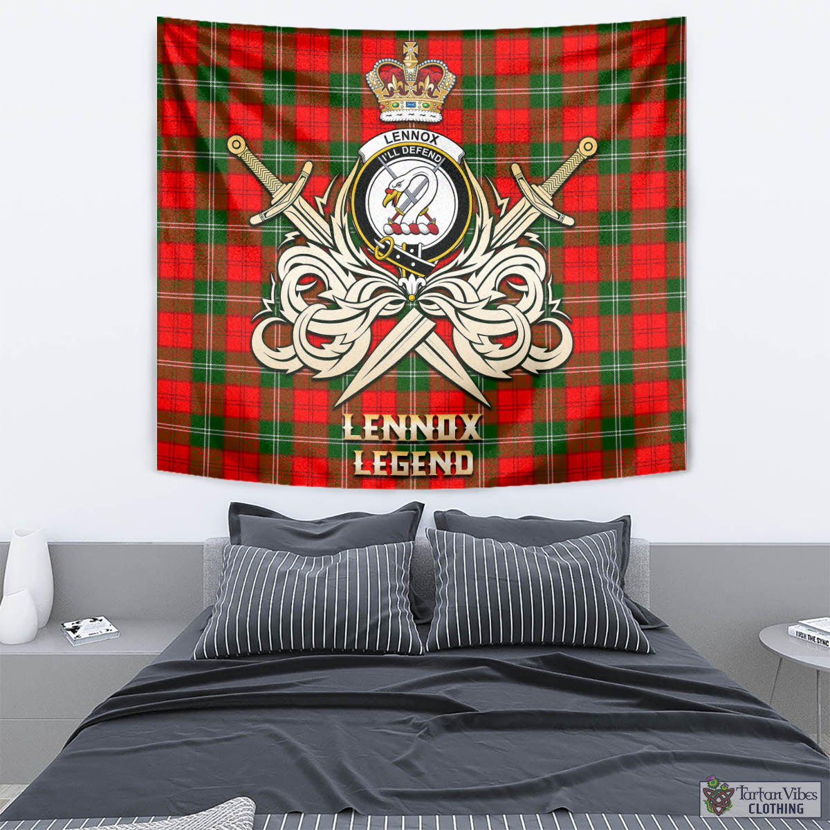 Tartan Vibes Clothing Lennox Modern Tartan Tapestry with Clan Crest and the Golden Sword of Courageous Legacy