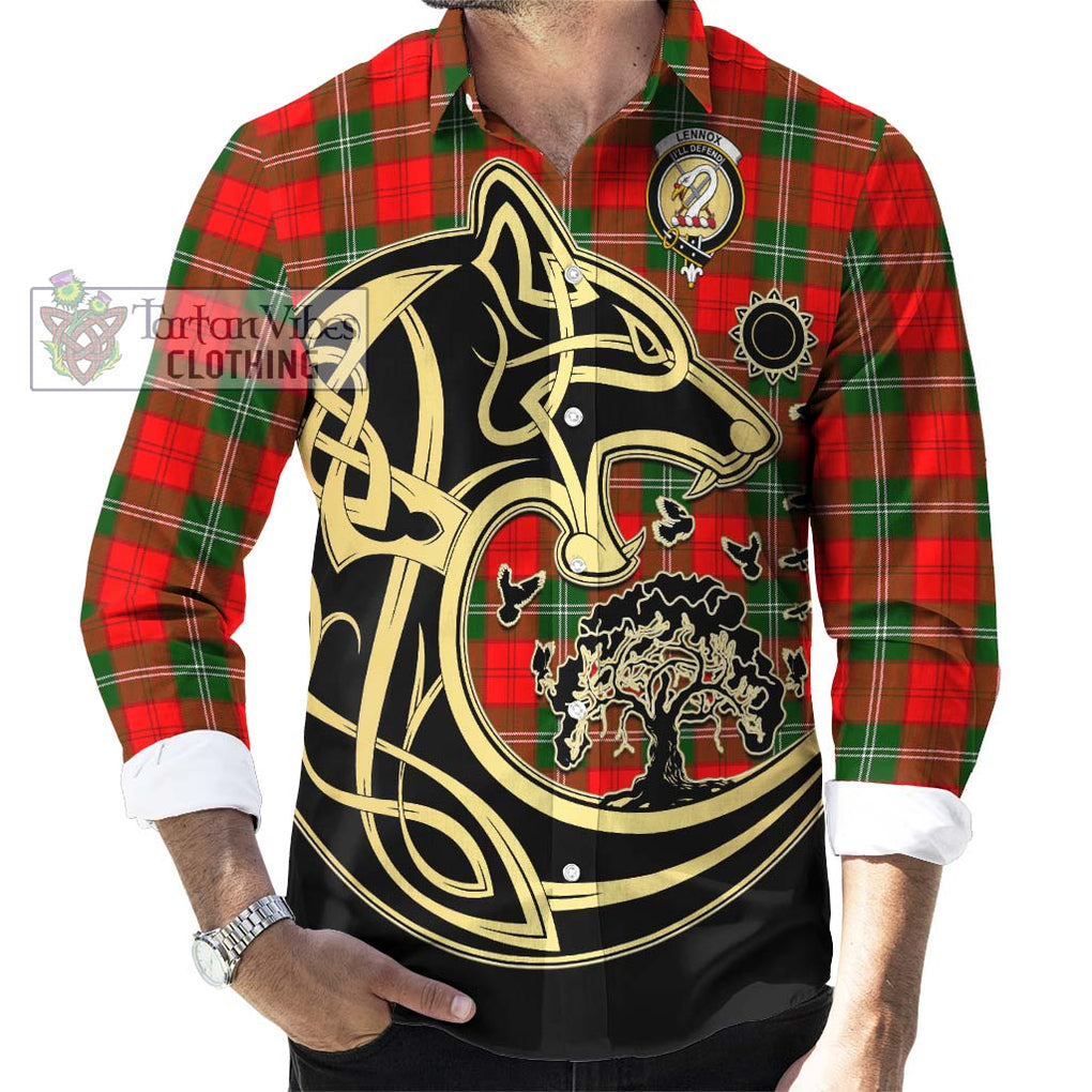 Lennox Modern Tartan Long Sleeve Button Shirt with Family Crest Celtic Wolf Style - Tartan Vibes Clothing