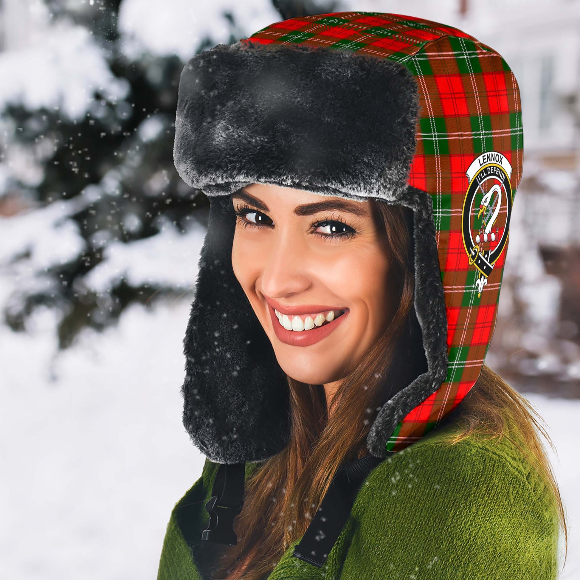 Lennox Modern Tartan Winter Trapper Hat with Family Crest - Tartanvibesclothing