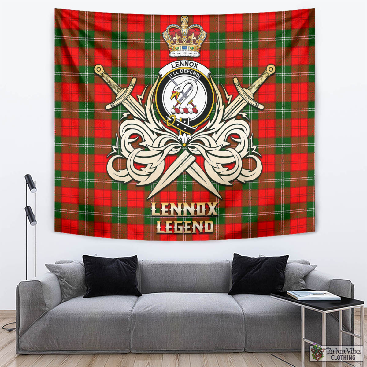 Tartan Vibes Clothing Lennox Modern Tartan Tapestry with Clan Crest and the Golden Sword of Courageous Legacy