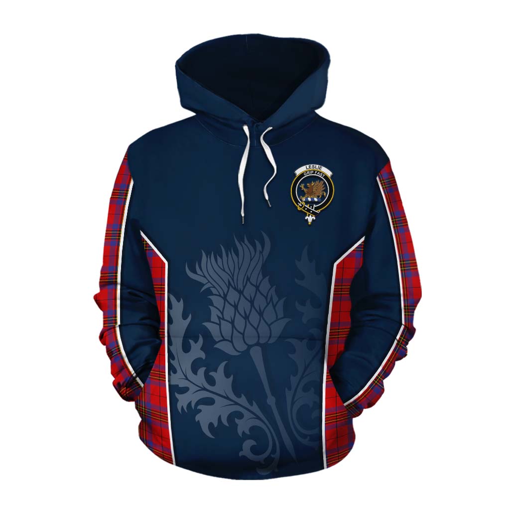 Tartan Vibes Clothing Leslie Tartan Cotton Hoodie with Family Crest and Scottish Thistle Vibes Sport Style