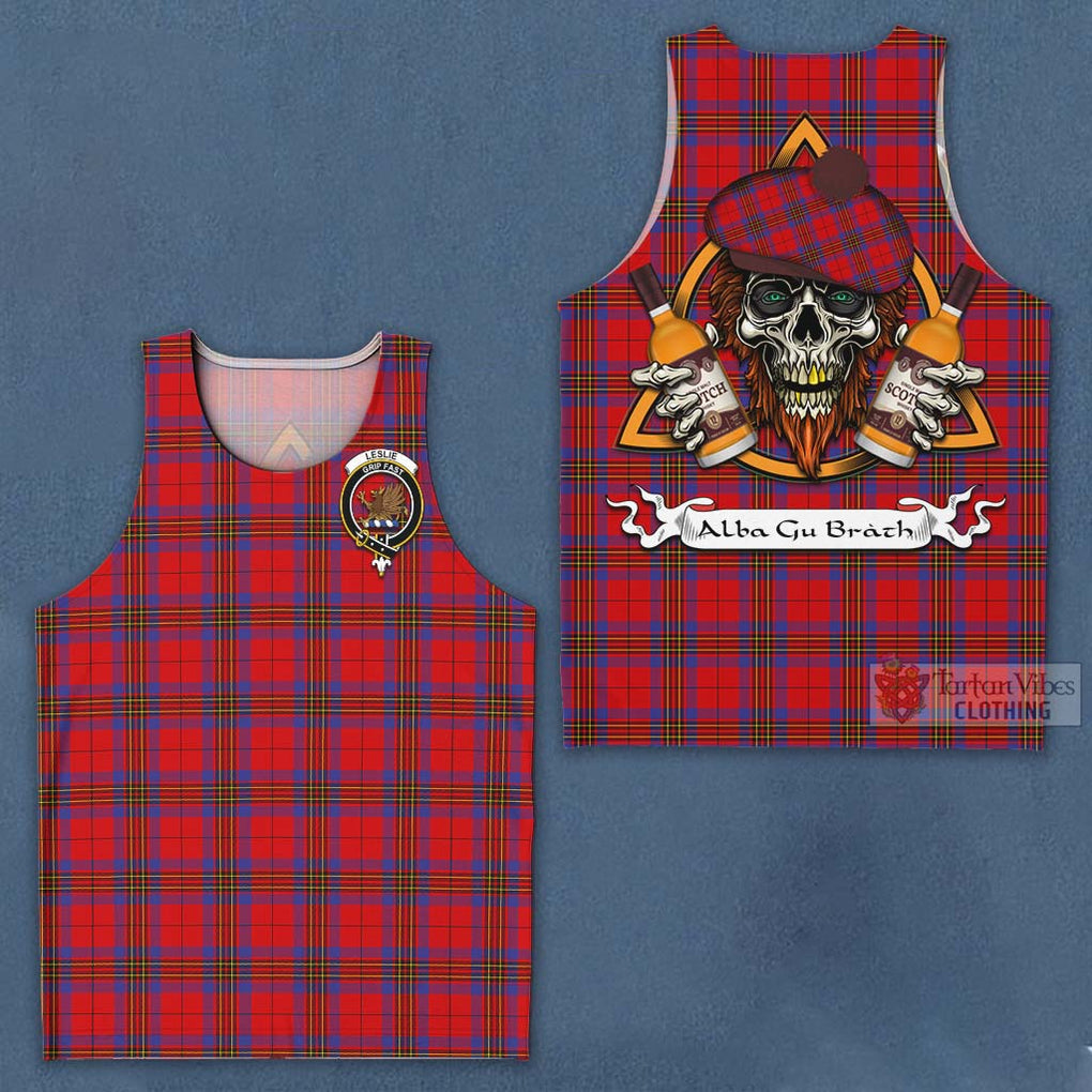 Tartan Vibes Clothing Leslie Tartan Men's Tank Top with Family Crest and Bearded Skull Holding Bottles of Whiskey