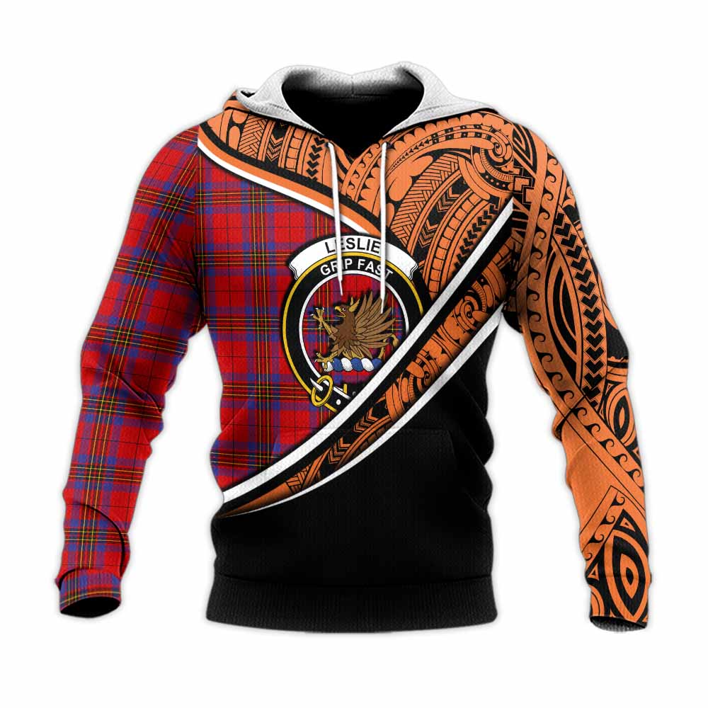 Tartan Vibes Clothing Leslie Crest Tartan Knitted Hoodie with Maori Tattoo Style - Orange Version