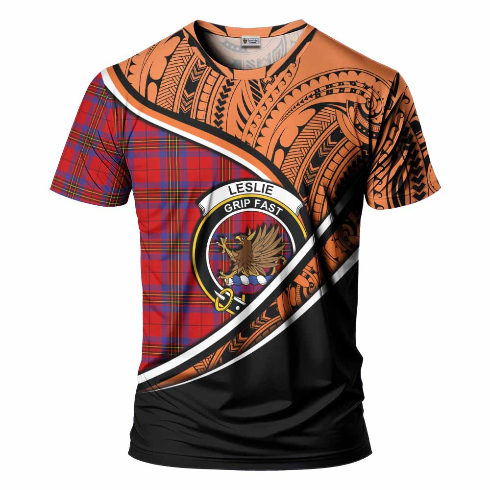 Tartan Vibes Clothing Leslie Crest Tartan T-Shirt with Maori Tattoo Style - Orange Version