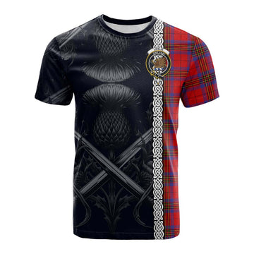 Leslie Tartan Cotton T-shirt with Family Crest Cross Sword Thistle Celtic Vibes