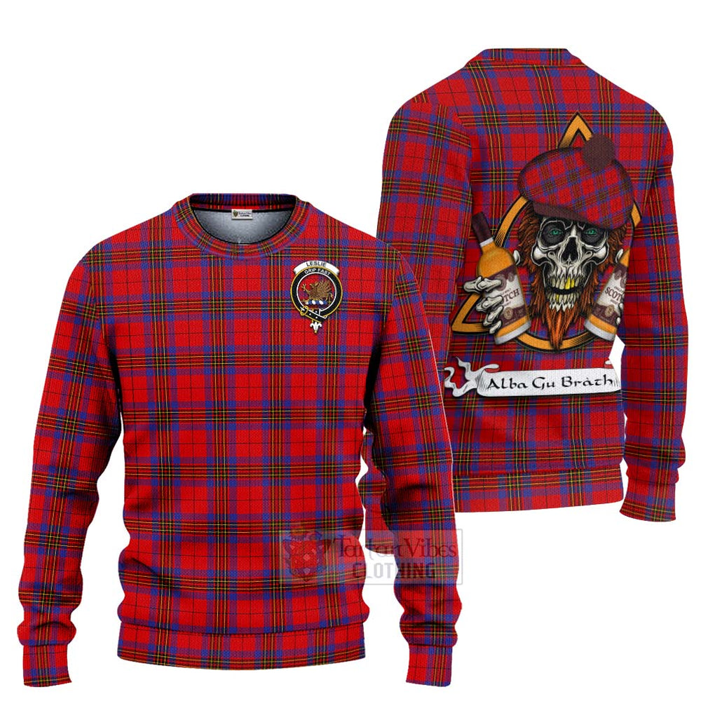 Tartan Vibes Clothing Leslie Tartan Knitted Sweater with Family Crest and Bearded Skull Holding Bottles of Whiskey