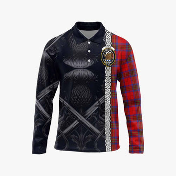 Leslie Tartan Long Sleeve Polo Shirt with Family Crest Cross Sword Thistle Celtic Vibes