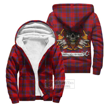 Leslie Tartan Sherpa Hoodie with Family Crest and Bearded Skull Holding Bottles of Whiskey