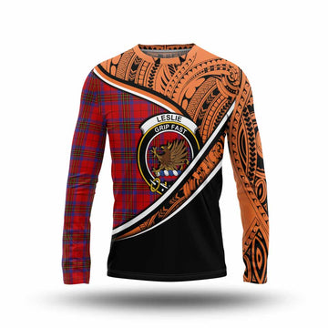 Leslie Crest Tartan Long Sleeve T-Shirt with Polynesian Vibes Style - Orange Version