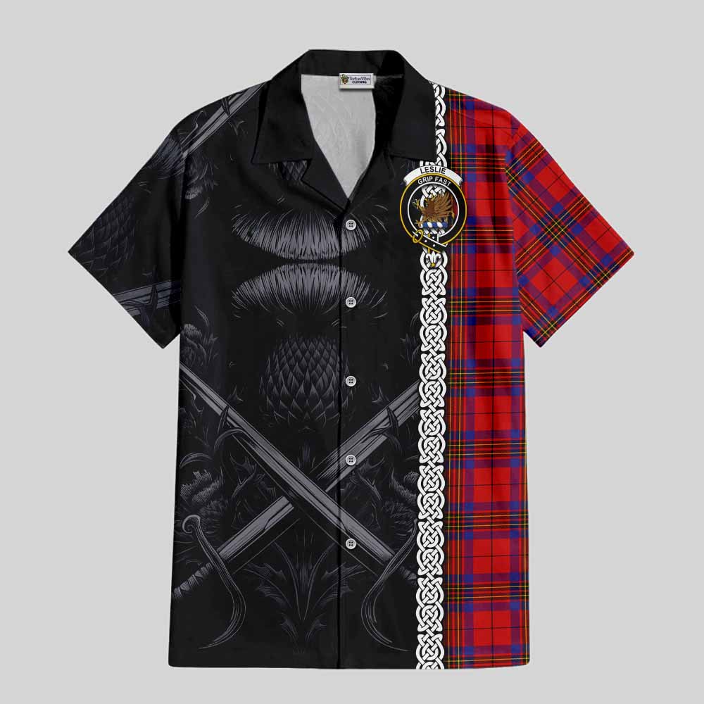 Tartan Vibes Clothing Leslie Tartan Short Sleeve Button Shirt with Family Crest Cross Sword Thistle Celtic Vibes