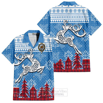 Leslie Clan Christmas Short Sleeve Button Shirt Celtic Reindeer Style