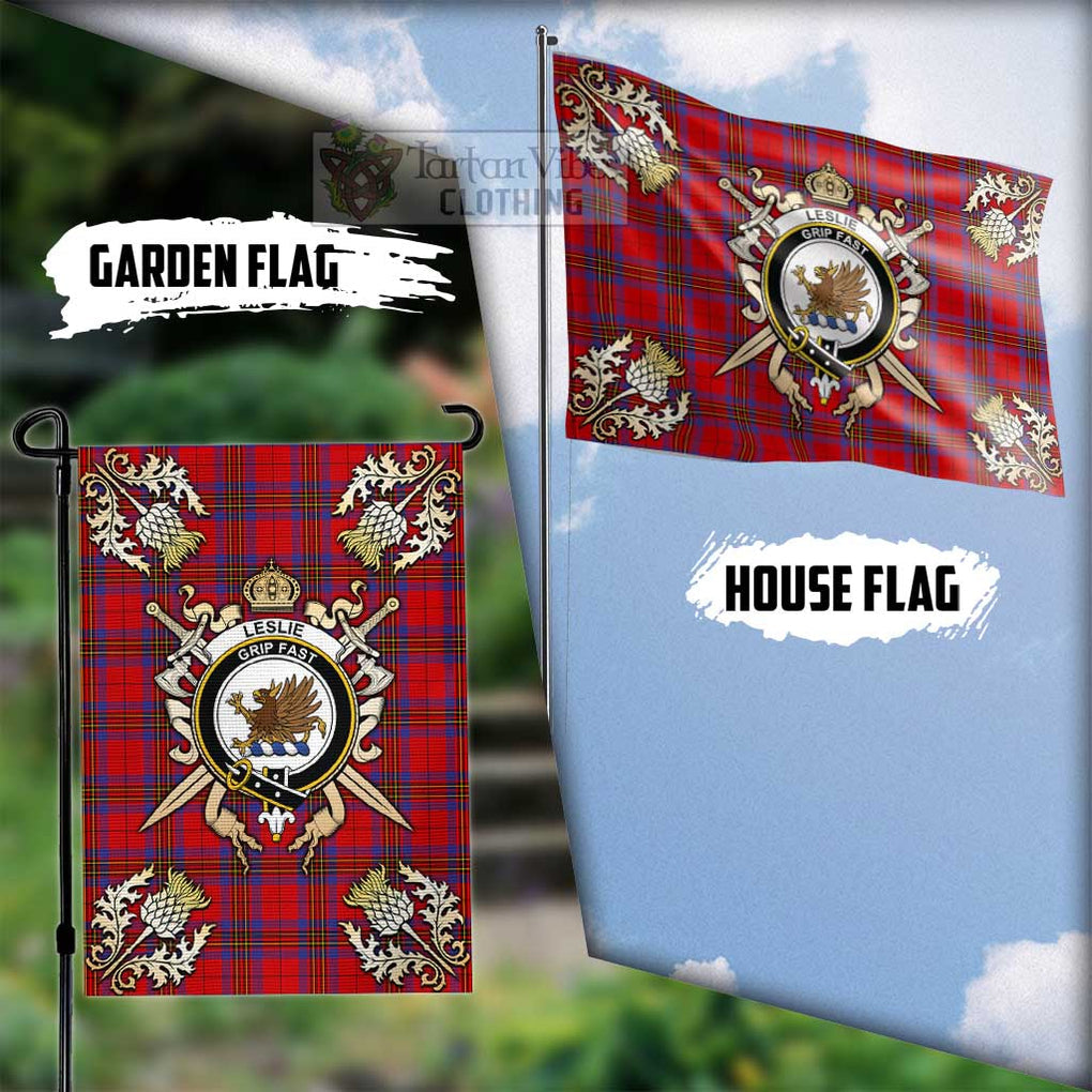 Tartan Vibes Clothing Leslie Tartan Flag with Family Crest and Golden Thistle Crossed Sword Design