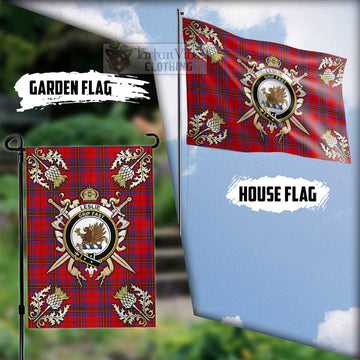 Leslie Tartan Flag with Family Crest and Golden Thistle Crossed Sword Design