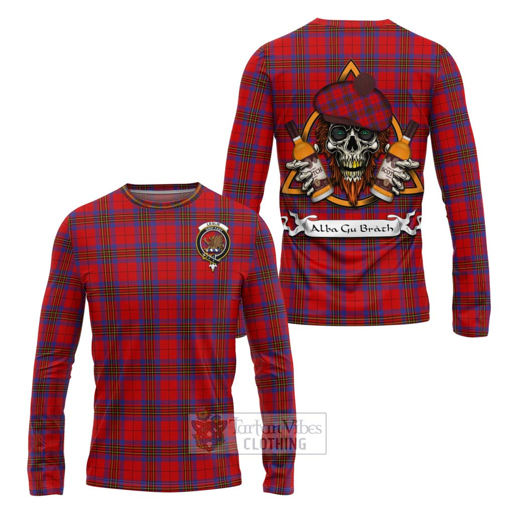 Tartan Vibes Clothing Leslie Tartan Long Sleeve T-Shirt with Family Crest and Bearded Skull Holding Bottles of Whiskey