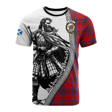 Leslie Tartan Clan Crest Cotton T-shirt with Highlander Warrior Celtic Style