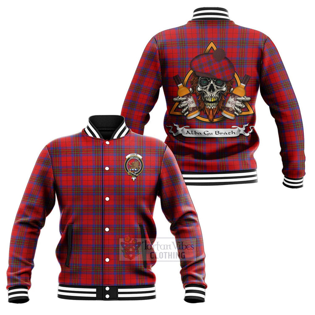 Tartan Vibes Clothing Leslie Tartan Baseball Jacket with Family Crest and Bearded Skull Holding Bottles of Whiskey