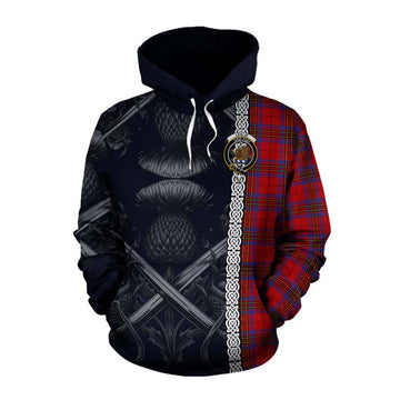 Leslie Tartan Cotton Hoodie with Family Crest Cross Sword Thistle Celtic Vibes