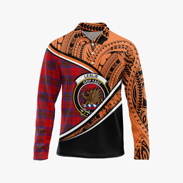 Leslie Crest Tartan Long Sleeve Polo Shirt with Polynesian Vibes Style - Orange Version