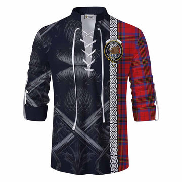 Leslie Tartan Ghillie Kilt Shirt with Family Crest Cross Sword Thistle Celtic Vibes