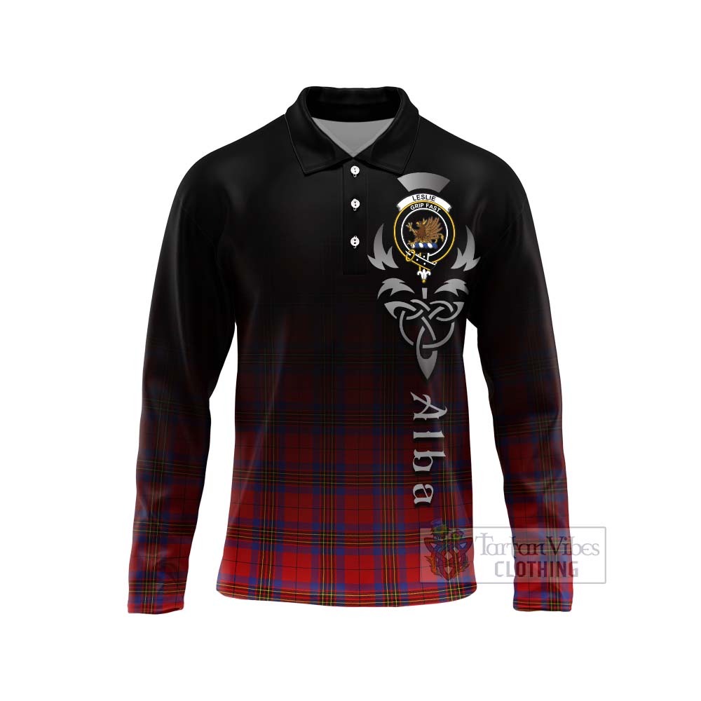 Tartan Vibes Clothing Leslie Tartan Long Sleeve Polo Shirt Featuring Alba Gu Brath Family Crest Celtic Inspired