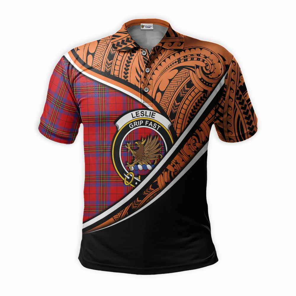 Tartan Vibes Clothing Leslie Crest Tartan Polo Shirt with Maori Tattoo Style - Orange Version