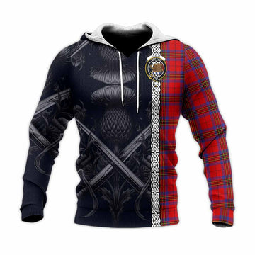 Leslie Tartan Knitted Hoodie with Family Crest Cross Sword Thistle Celtic Vibes