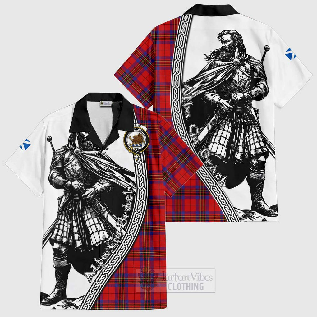 Tartan Vibes Clothing Leslie Tartan Clan Crest Short Sleeve Button Shirt with Highlander Warrior Celtic Style