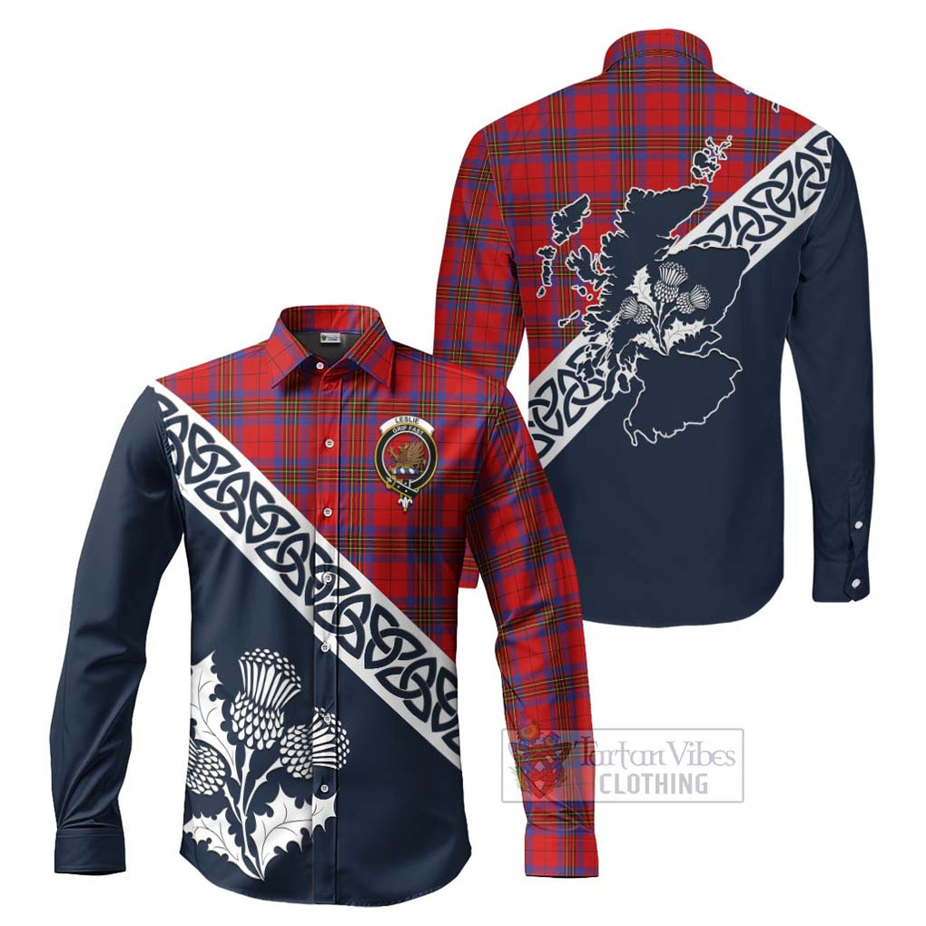 Leslie Tartan Long Sleeve Button Shirt Featuring Thistle and Scotland Map Men's Shirt S - Tartan Vibes Clothing