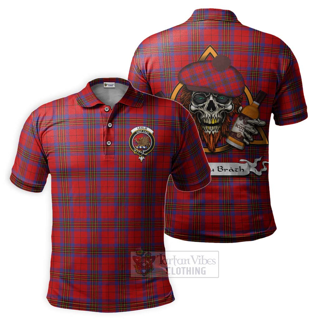 Tartan Vibes Clothing Leslie Tartan Polo Shirt with Family Crest and Bearded Skull Holding Bottles of Whiskey