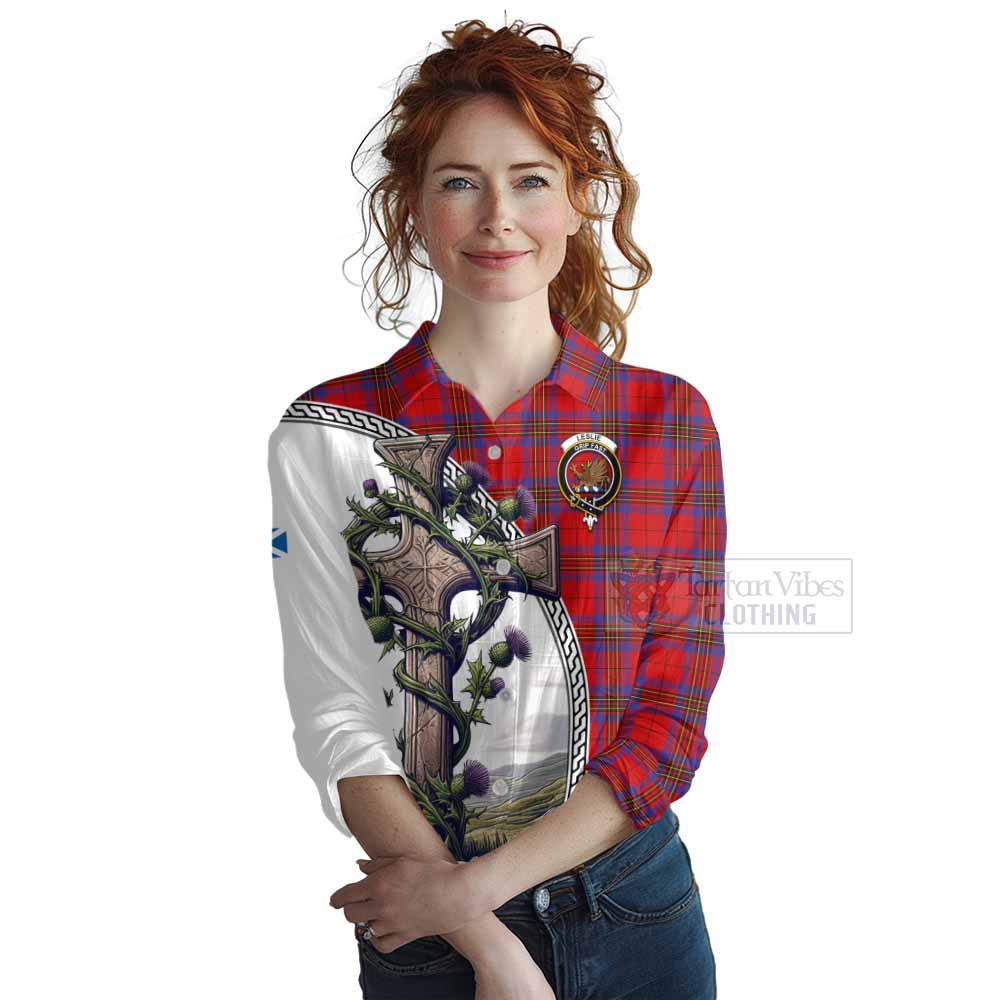 Tartan Vibes Clothing Leslie Tartan Women's Casual Shirt with Family Crest and St. Andrew's Cross Accented by Thistle Vines