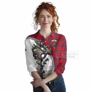 Leslie Tartan Women's Casual Shirt with Family Crest and St. Andrew's Cross Accented by Thistle Vines