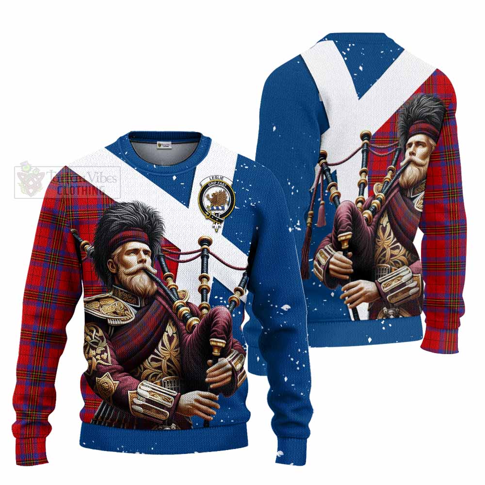 Tartan Vibes Clothing Leslie Tartan Knitted Sweater with Family Crest Scottish Bagpiper Vibes