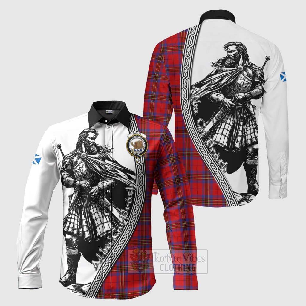 Leslie Tartan Clan Crest Long Sleeve Button Shirt with Highlander Warrior Celtic Style Men's Shirt S - Tartan Vibes Clothing